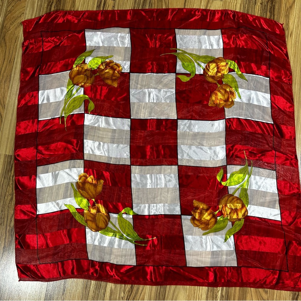 Golden Tulip Floral Design Scarf Red & White Square Checkered Satin with 39X39
